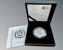 The Royal Mint : The 90th Birthday of Her Majesty The Queen 2016 £5 silver proof coin, 28.28g.