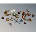 A collection of antique jewellery including millefiori brooch, Victorian heartstone fobs etc.