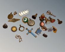 A collection of antique jewellery including millefiori brooch, Victorian heartstone fobs etc.