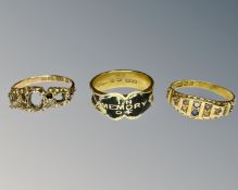 Three 15ct yellow gold antique rings, 6.2g.