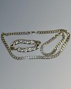 Three silver curb chains, a necklace and two bracelets, 154g total.