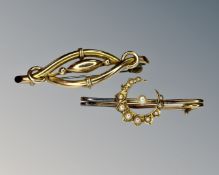Two antique yellow gold brooches, one set with pearls, 3.7g.