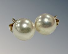 A pair of 18ct yellow gold Mikimoto pearl earrings, each diameter 7.3mm.