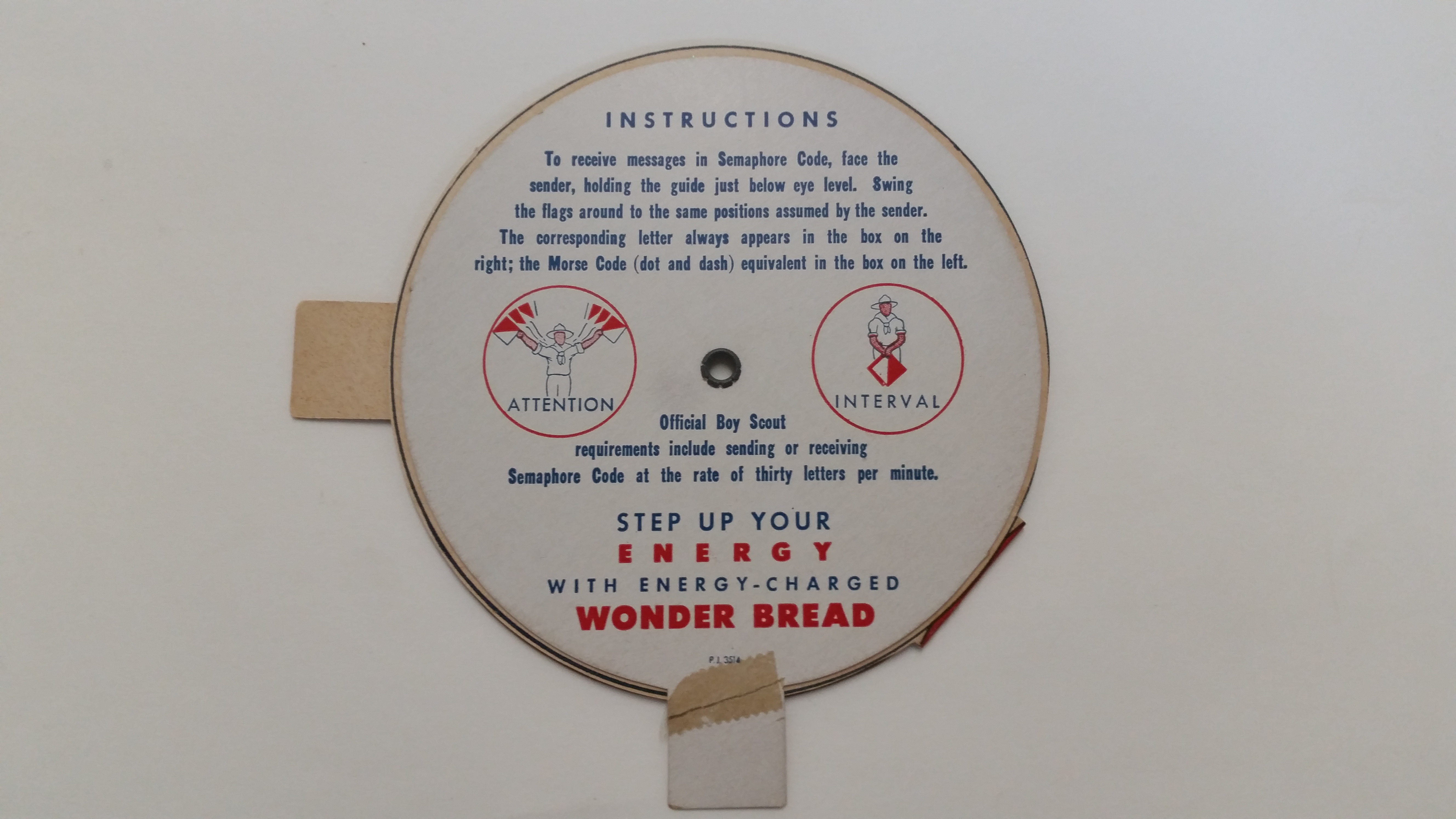 SCOUTING, mechanical card, Signal Code-Dial, by Wonder Bread, repair to one tab, VG - Image 2 of 2