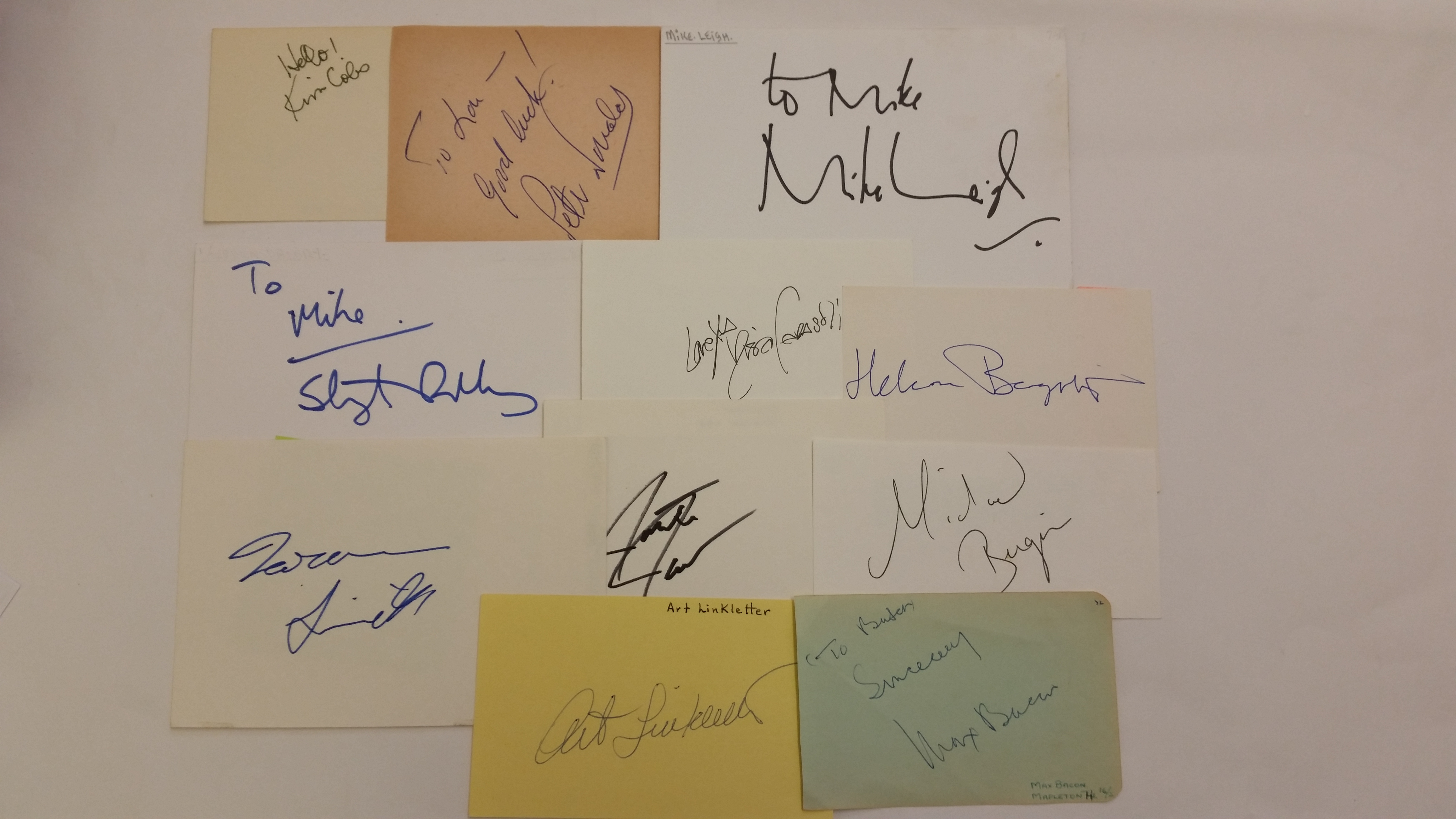 AUTOGRAPHS, signed white cards, clipped pieces etc., inc. Mike Leigh, Art Linkeletter, Don Murray,