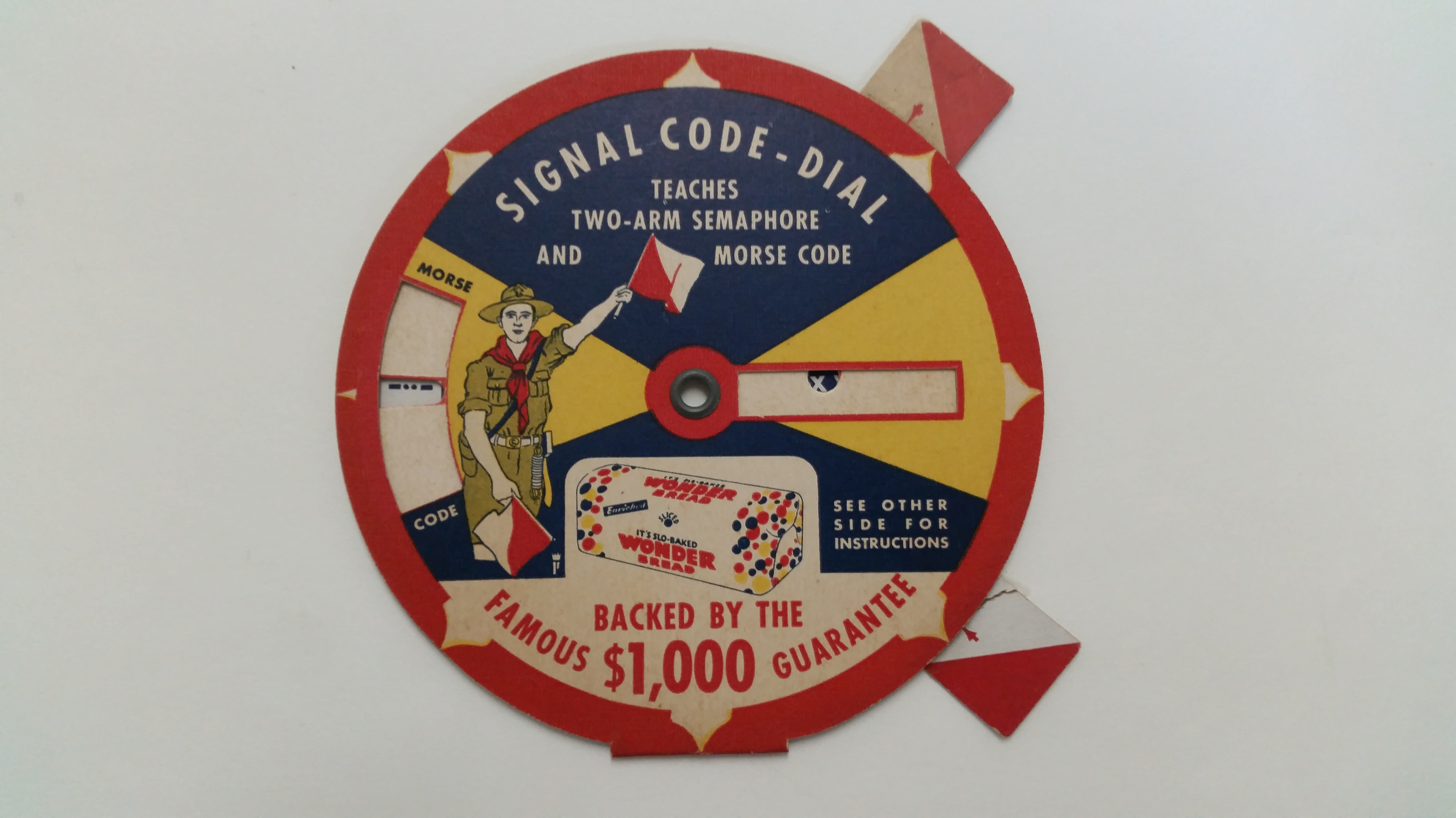 SCOUTING, mechanical card, Signal Code-Dial, by Wonder Bread, repair to one tab, VG