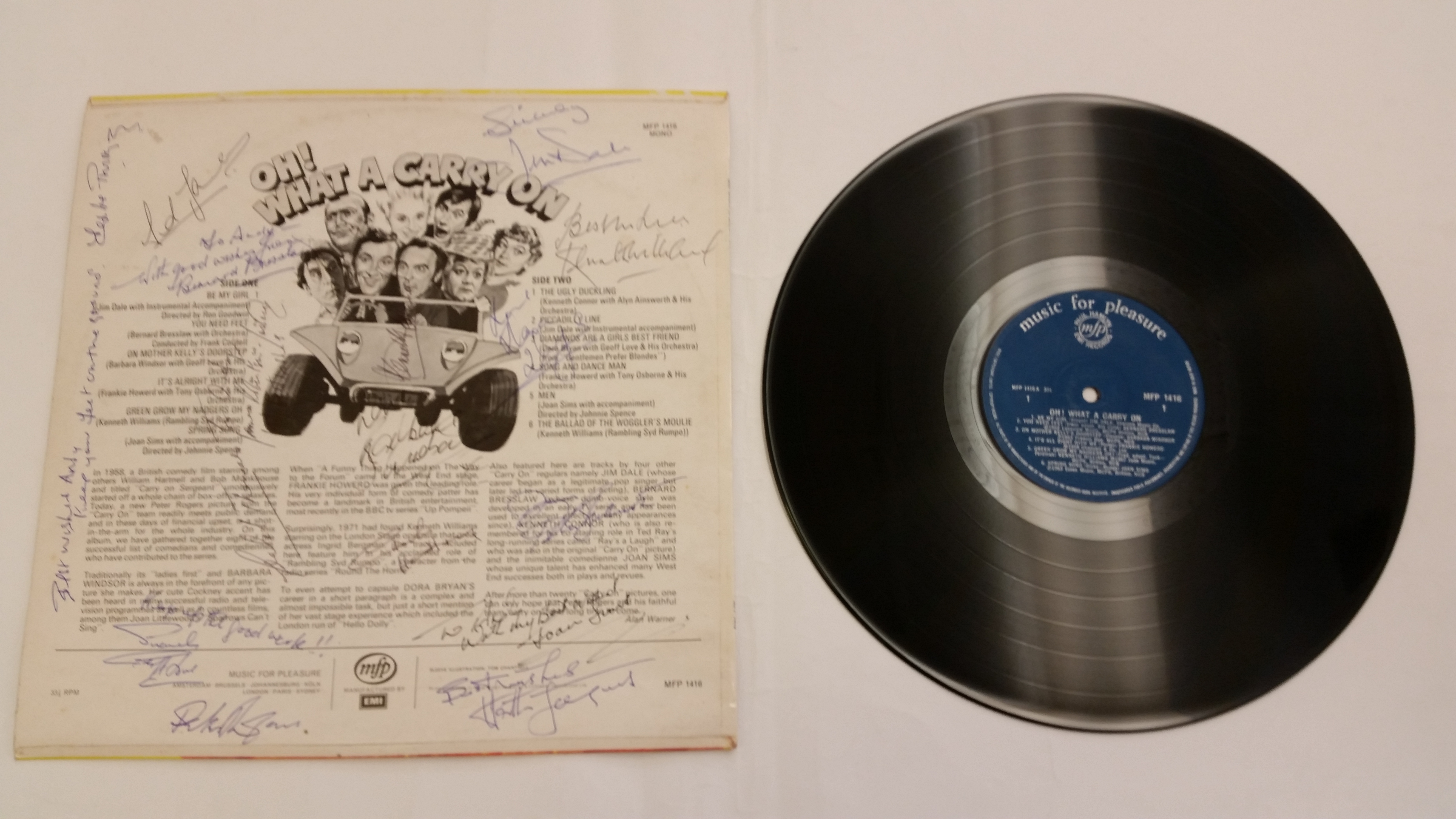 CINEMA, signed LP cover, Oh What a Carry On, 18 signatures inc. Bernard Bresslaw, Sid James, Barbara - Image 2 of 2