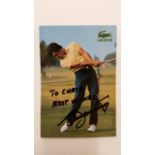 GOLF, signed promotional postcard by Seve Ballesteros, showing him full length in action, 4.5 x 6.