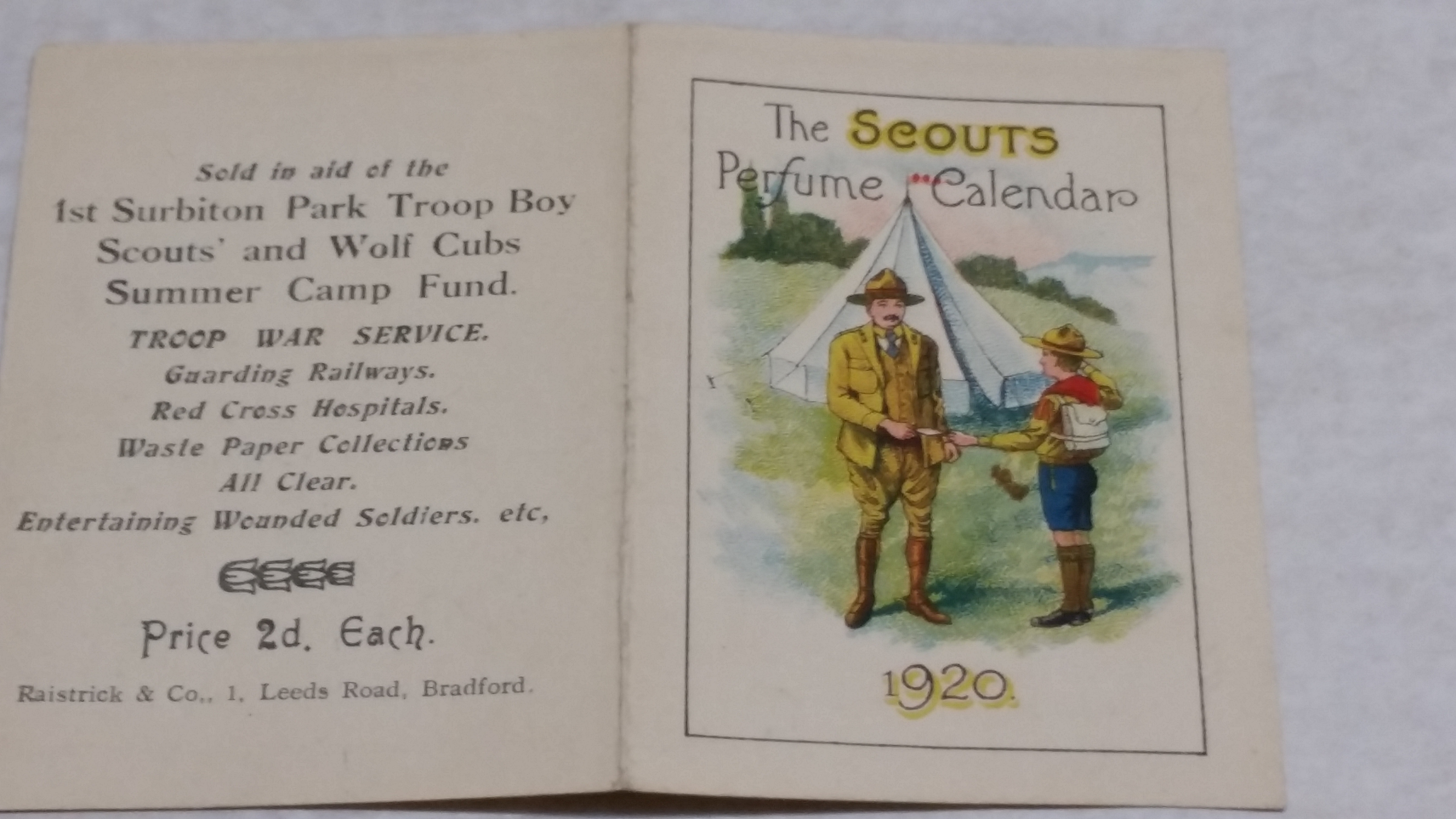 SCOUTING, perfumed card, 1st Surbiton Park Troup Summer Camp Fund, 1920 calendar, EX - Image 2 of 3