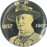 SCOUTING, lapel badge, Baden Powell, BP 1857-1907-1957, 24mm dia., EX