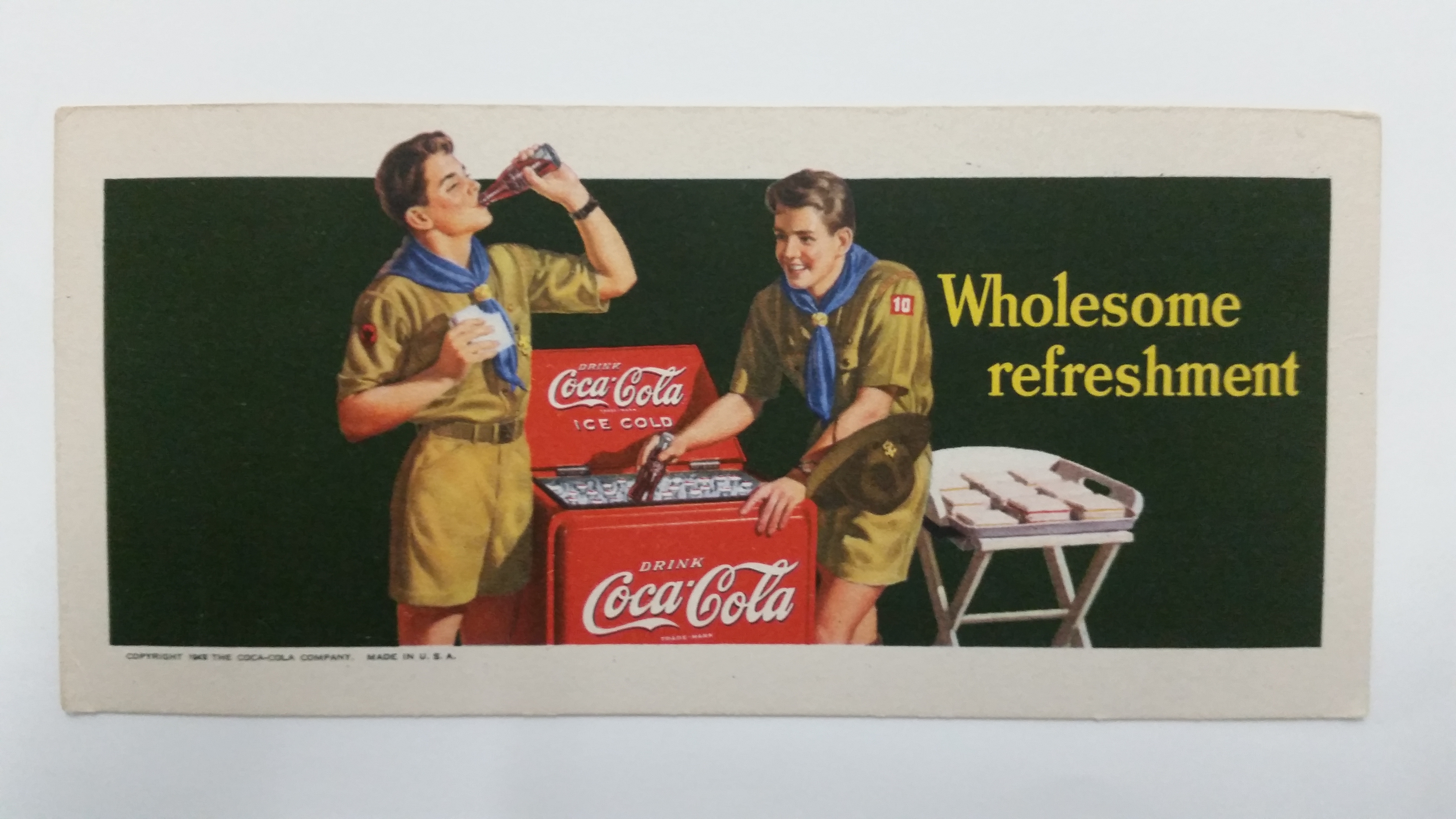 SCOUTING, advertising blotter, Coca-Cola, showing two scouts with cooler of Coke, 195 x 90mm, slight