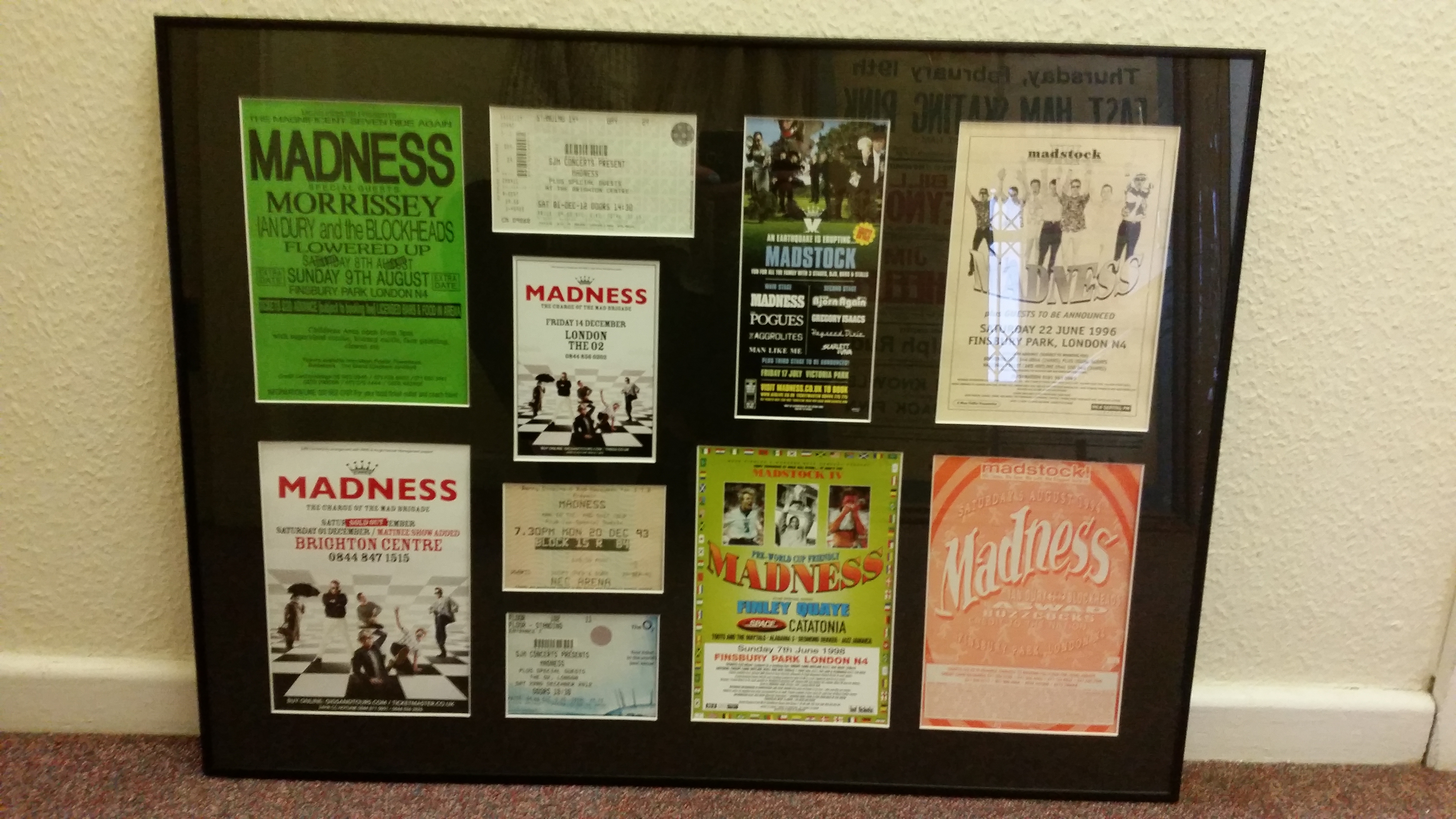 POP MUSIC, Madness, selection of concert flyers (7) & tickets (3), overmounted as one piece,