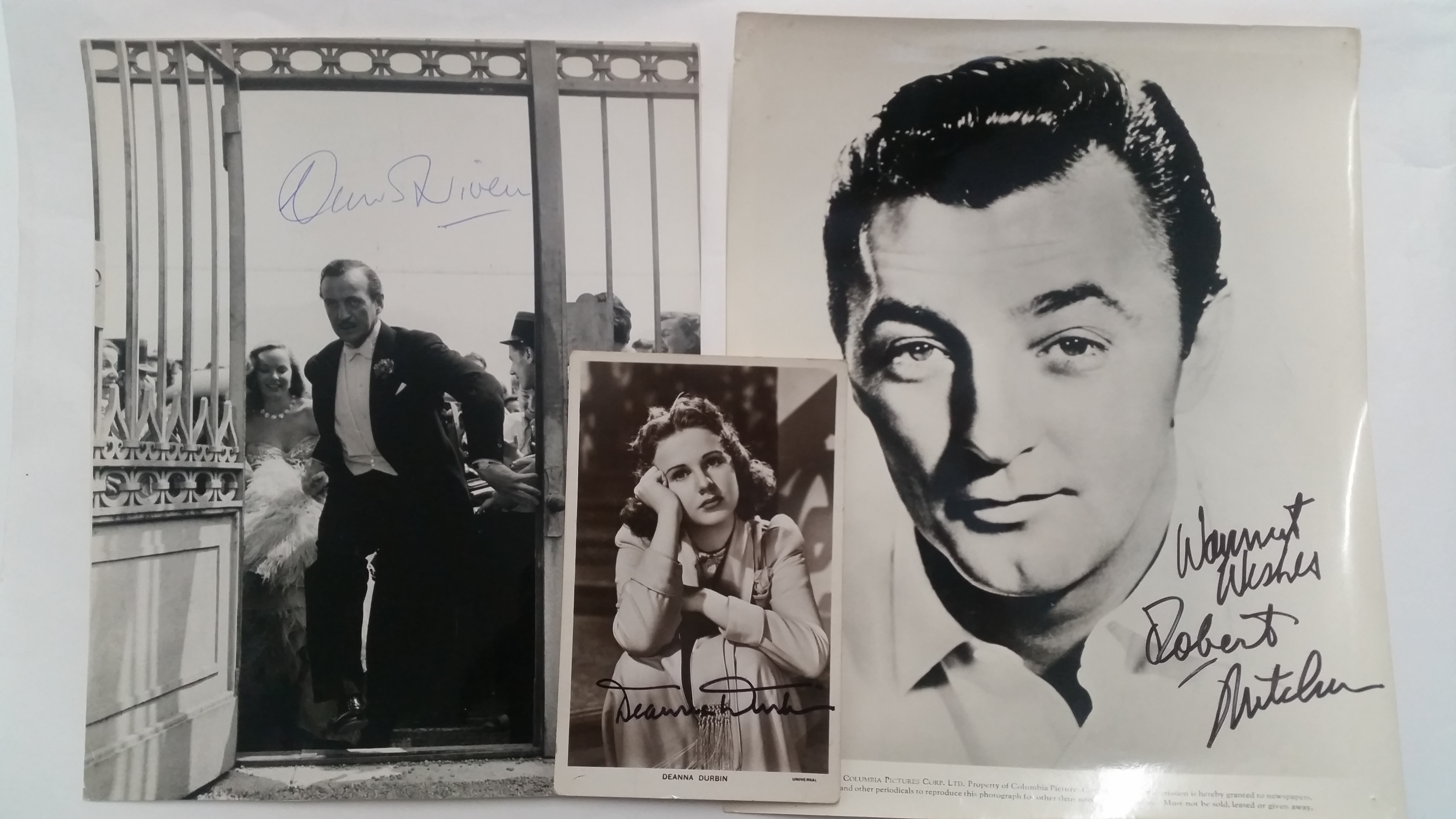 CINEMA, signed press photographs and postcard, inc. David Niven, Robert Mitcham & Deanna Durbin, 8 x