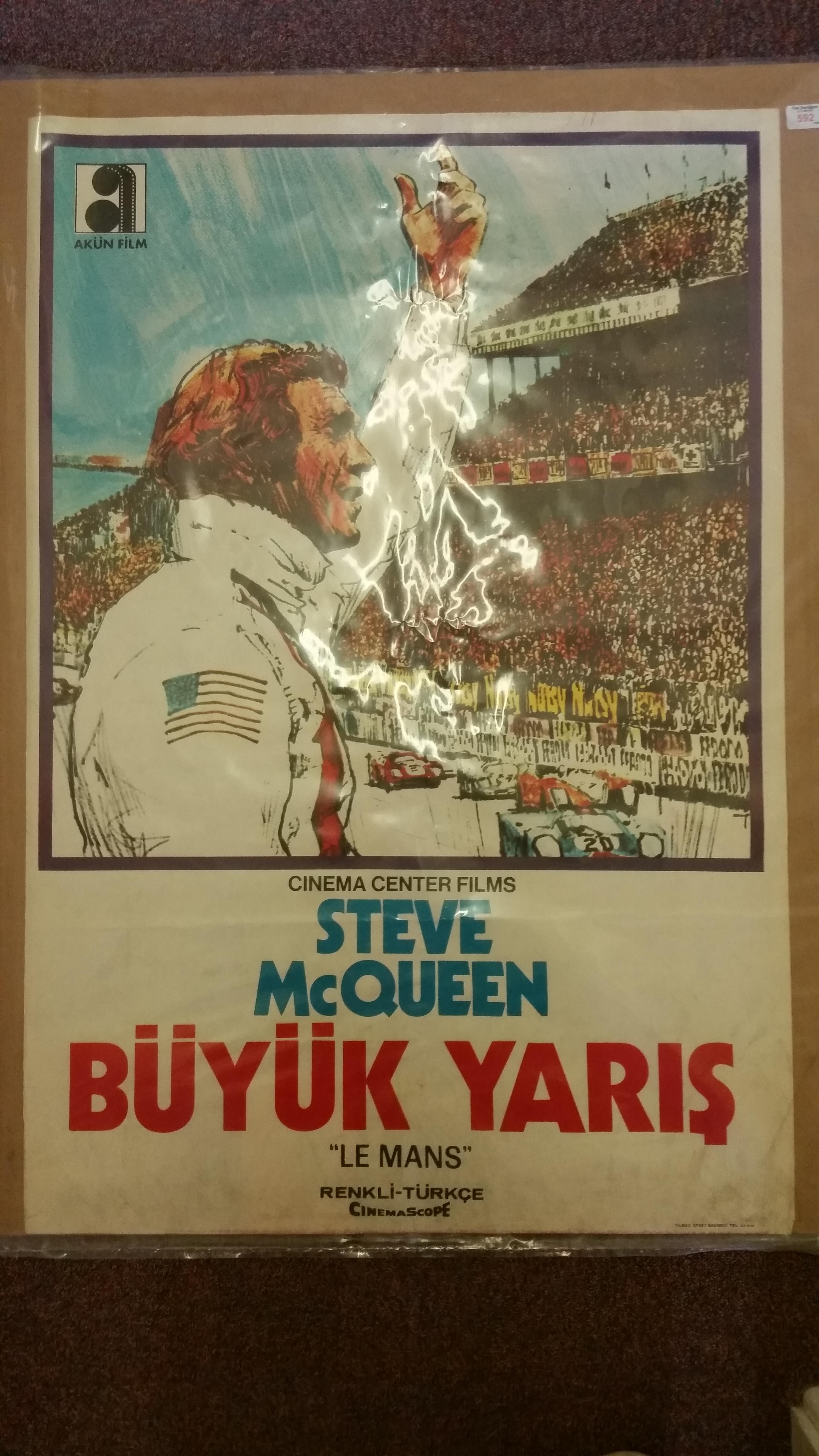 CINEMA, poster, Le Mans, well illustrated showing Steve McQueen, foreign language, scuffing to
