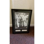 CRICKET, signed pieces by Bill Edrich & Denis Compton, overmounted beneath photo, showing them