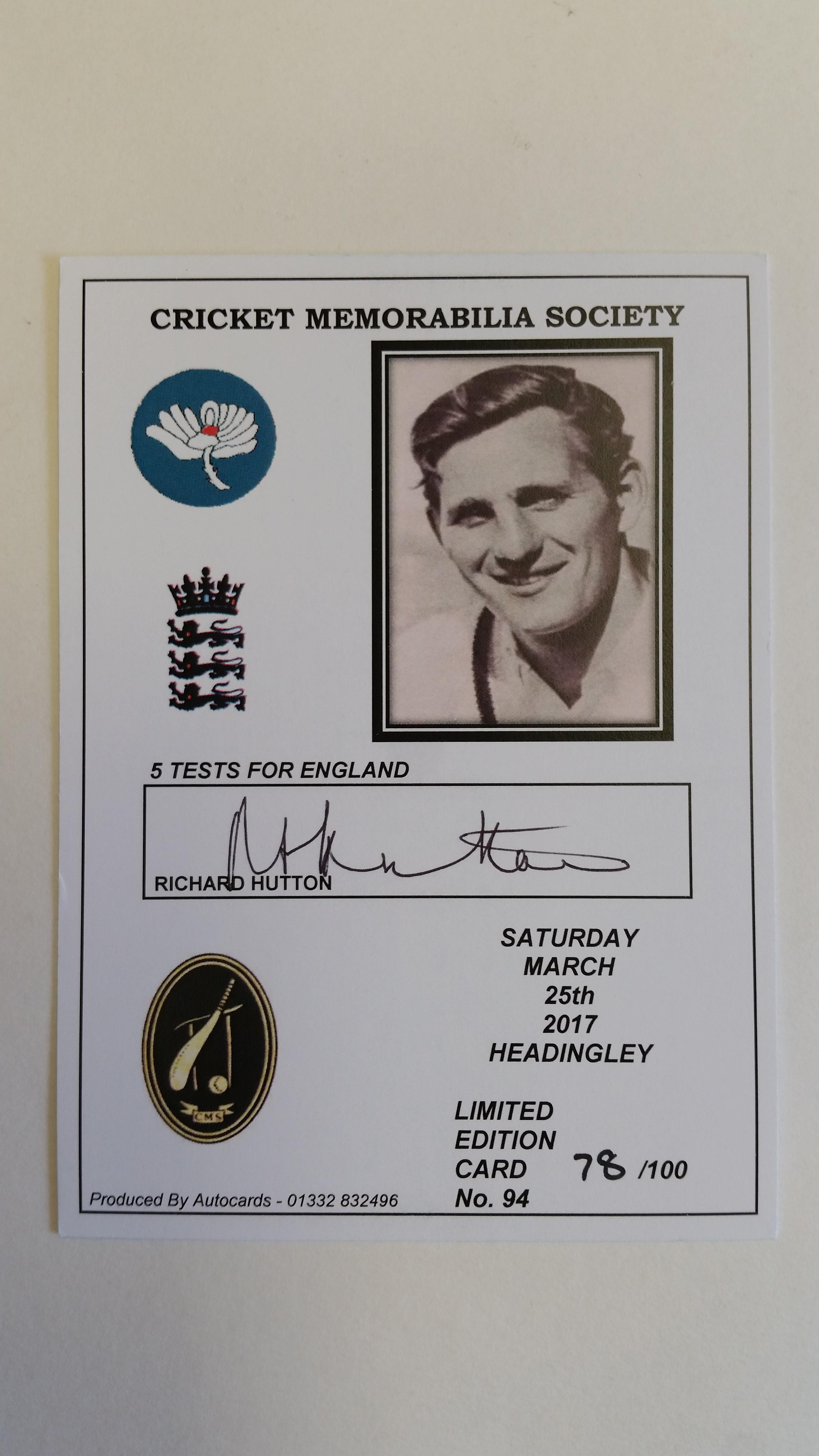 CRICKET, signed CMS card, no. 94 Richard Hutton, LE78/100, EX