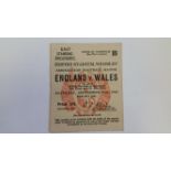 FOOTBALL, ticket stub, England v Wales, 25th Sep 1943, In aid of Red Cross and St. John Fund, VG