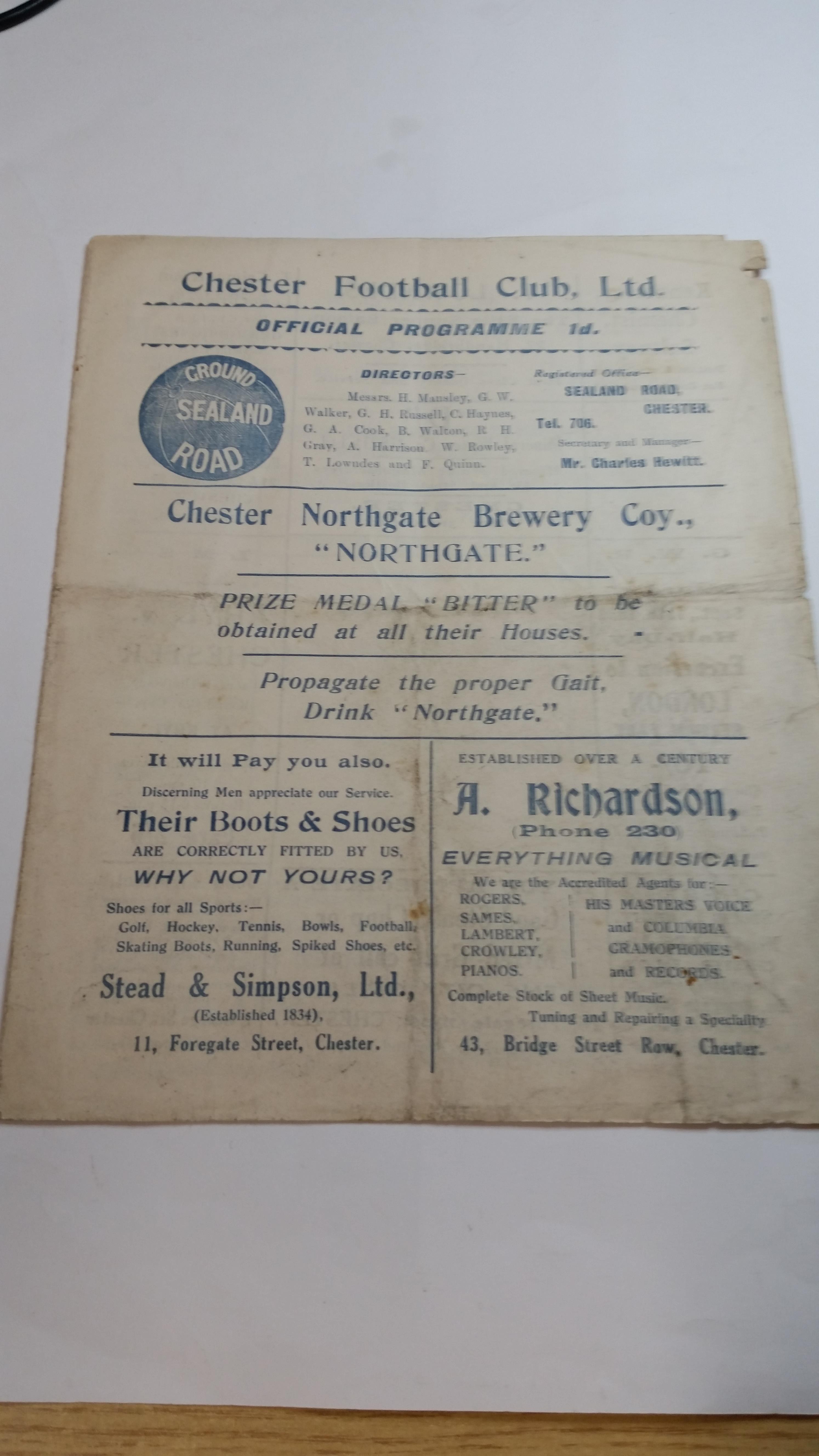 FOOTBALL, Chester home programme, v Whitton Albion, 3rd Sep 1930, lacking staples, folds, G