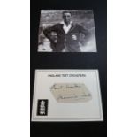 CRICKET, signed clipped piece by Maurice Tate, laid down to white card, laid down beneath photo,
