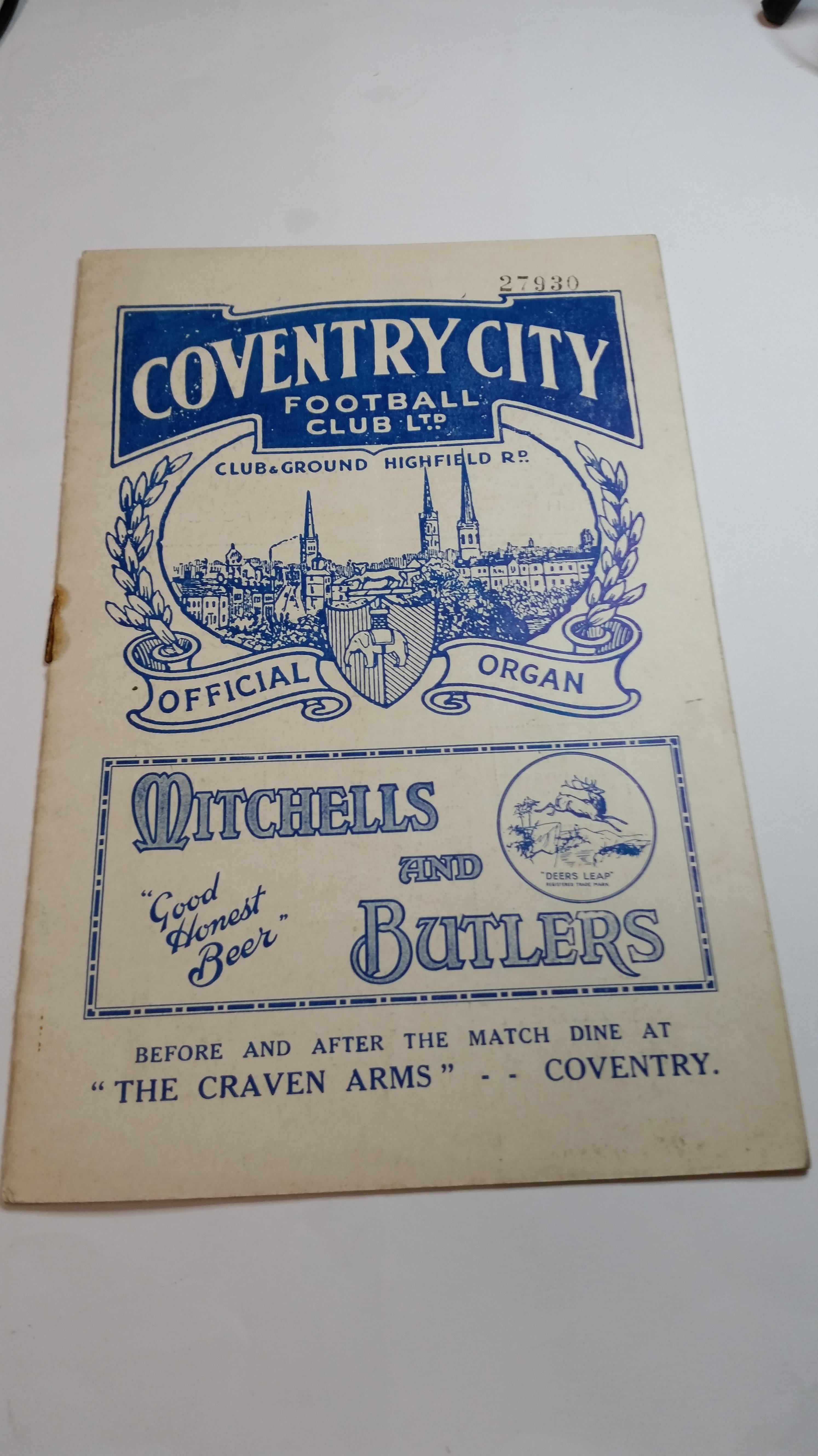 FOOTBALL, Coventry City home programme, v Clapton Orient, 23rd Dec 1933, rust stain to staple, VG