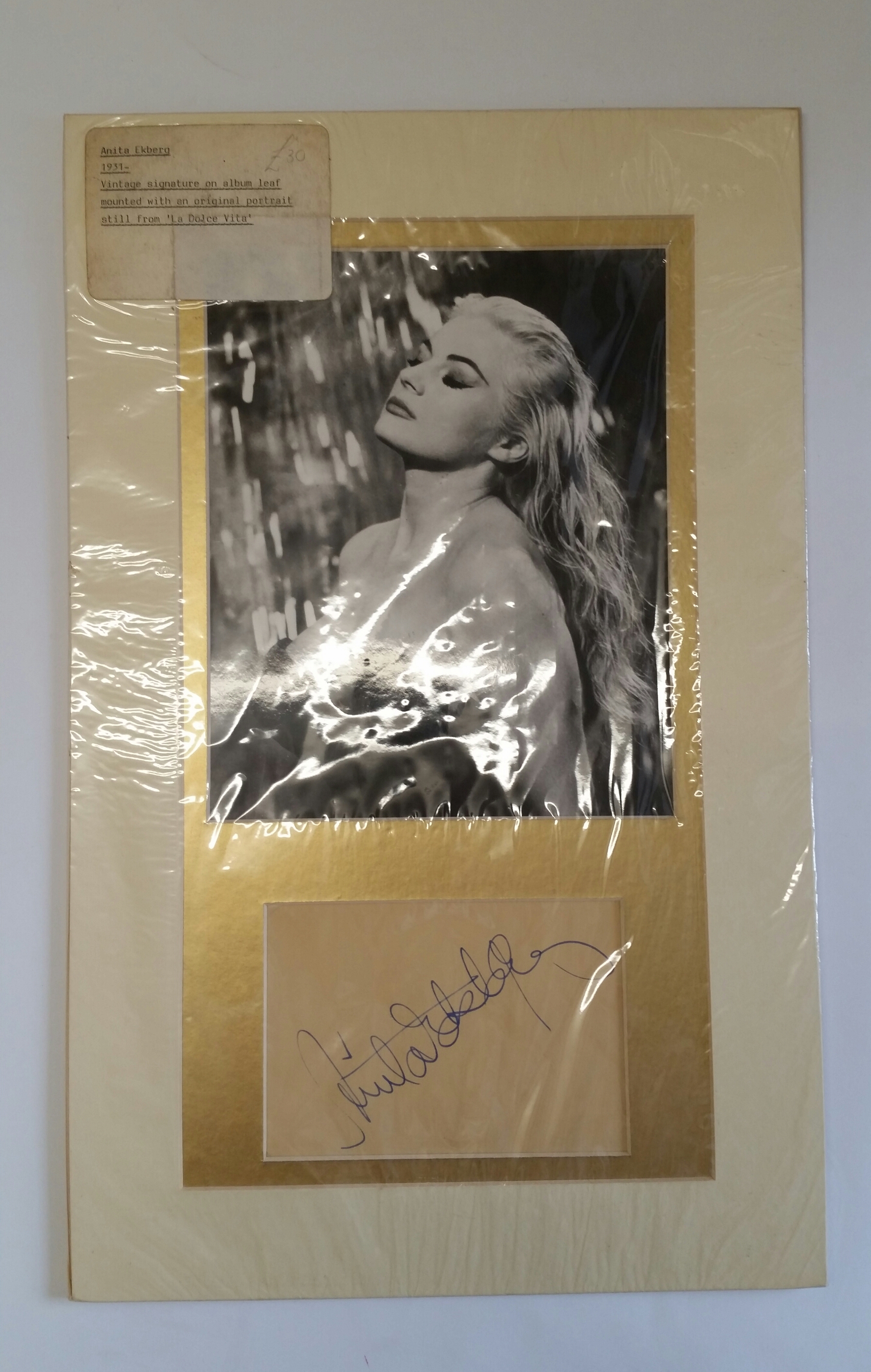 CINEMA, signed album page by Anita Ekberg, overmounted beneath photo, half-length ibn character from