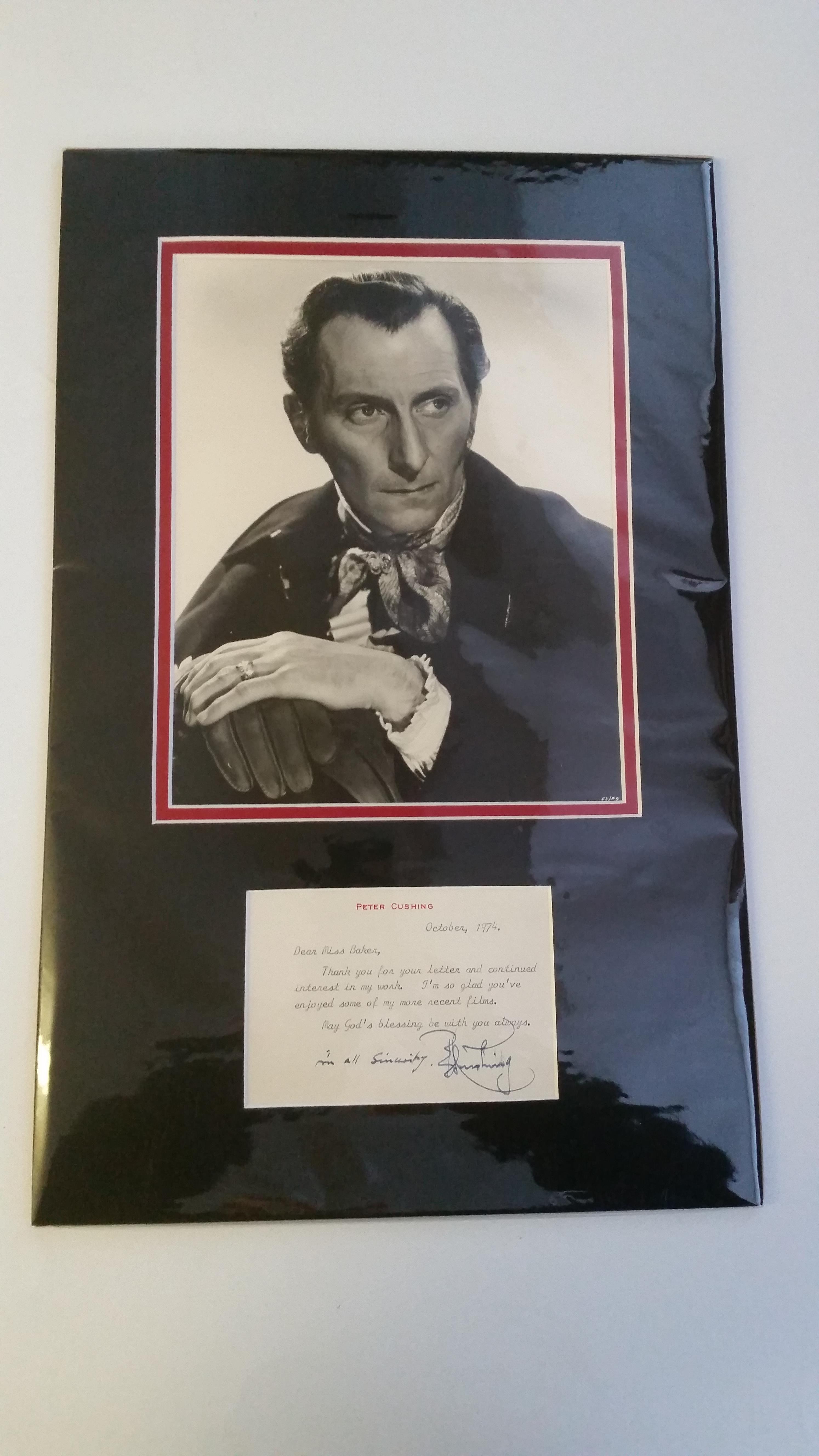 CINEMA, signed correspondance card by Peter Cushing, October 1974, overmounted beneath photo, h/s in