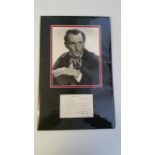 CINEMA, signed correspondance card by Peter Cushing, October 1974, overmounted beneath photo, h/s in
