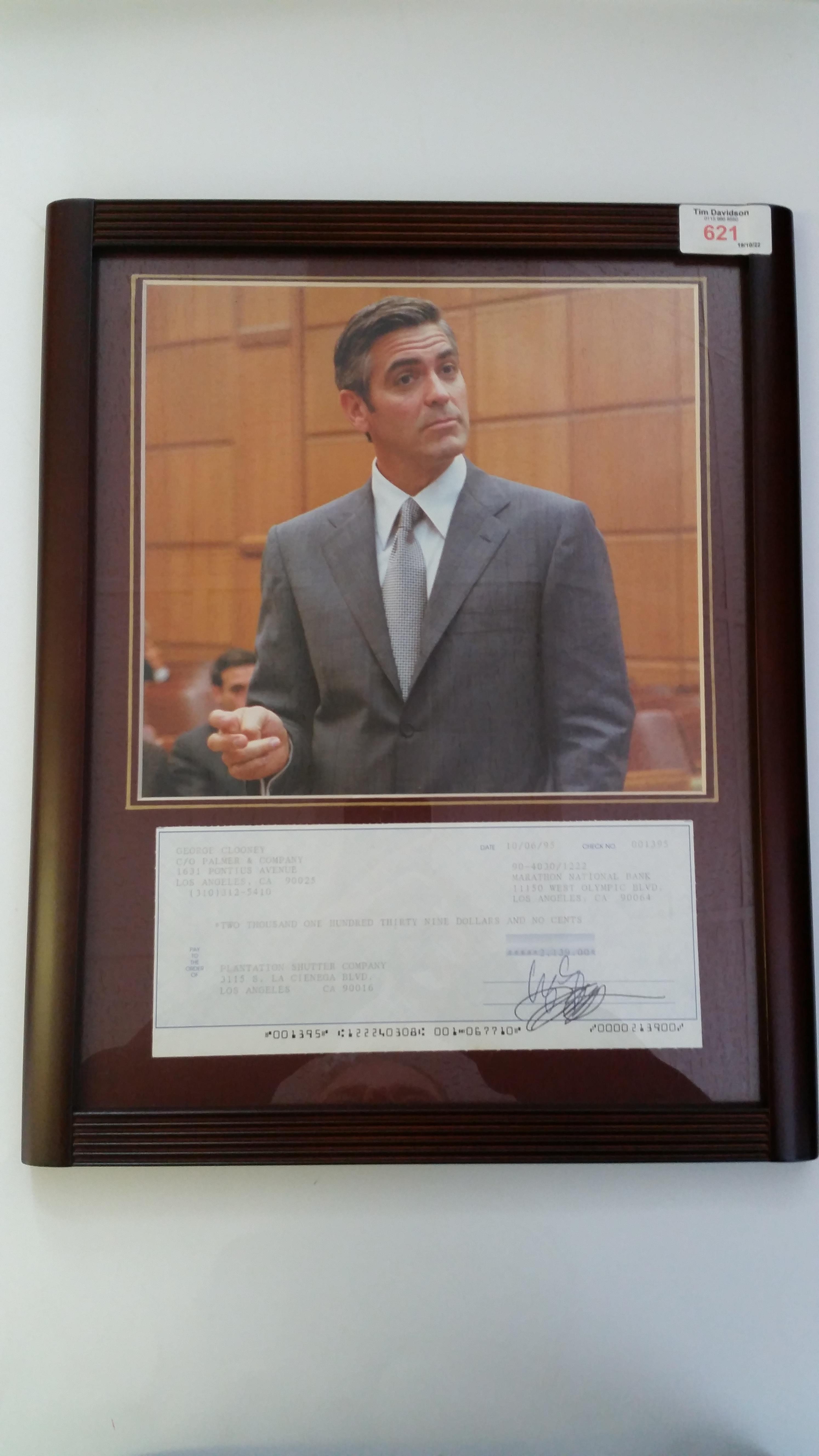 CINEMA, signed cheque by George Clooney, 10th June 1995, to Plantation Shutter Co., mounted