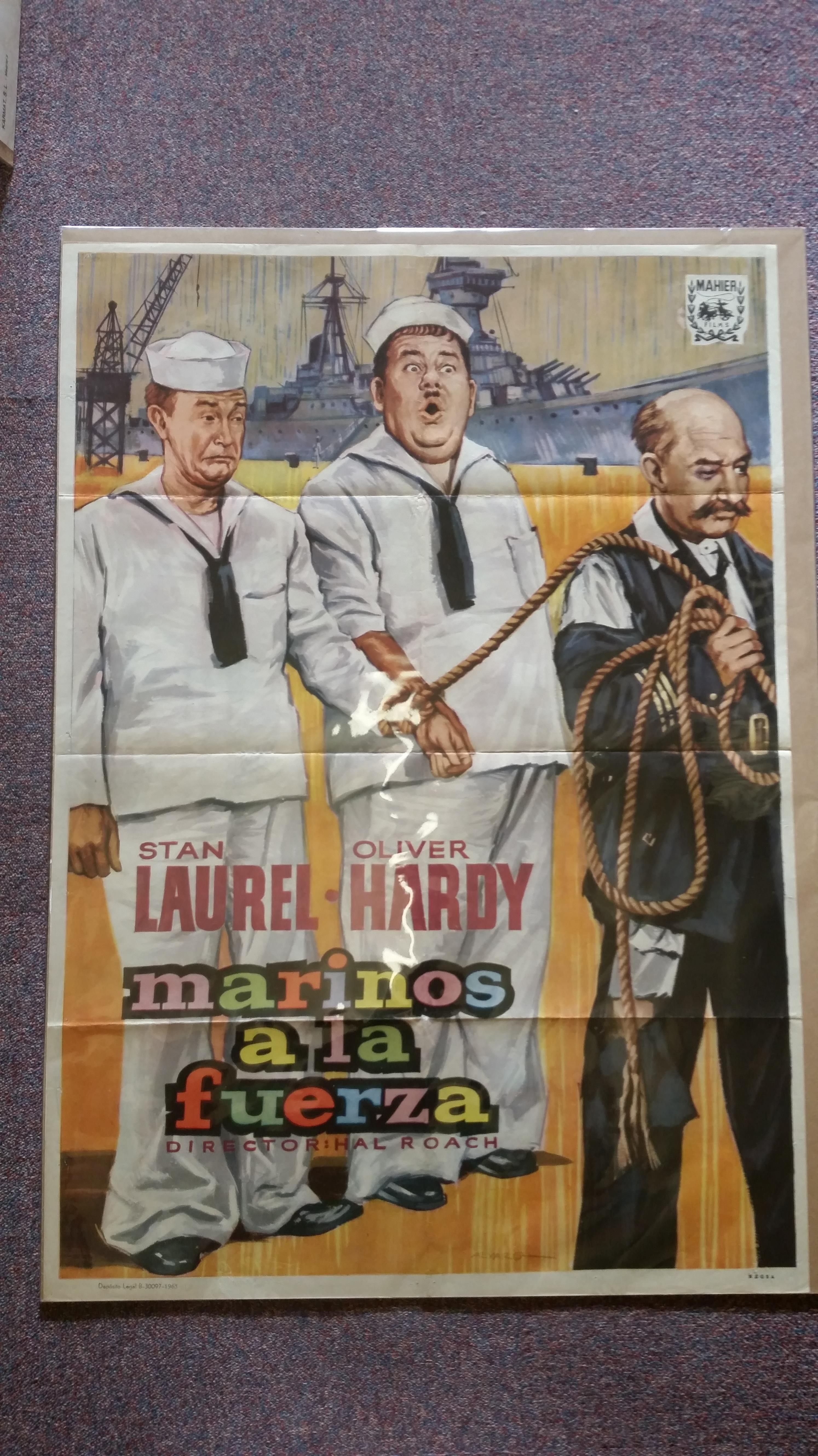 CINEMA, Laurel & Hardy, poster for Saps at Sea, showing both Stan & Ollie in naval dress on deck,