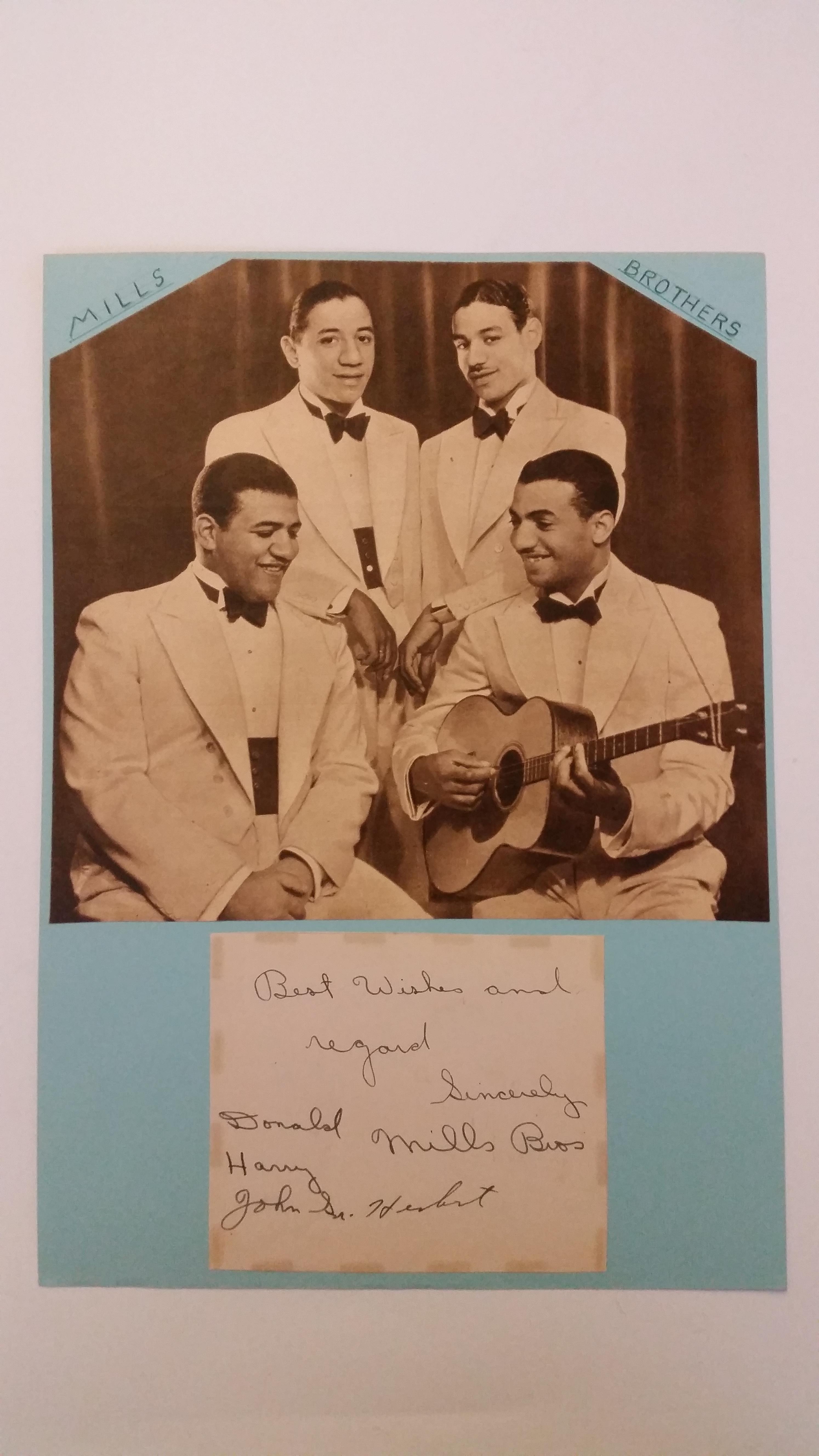 MUSIC, signed card by the Mills Brothers, laid down to card beneath photo, signed by all 4