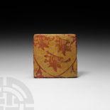 English Medieval Glazed Tile with Three Lions in Heraldic Shield