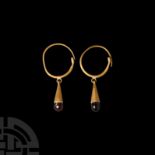 Greek Gold Garnet Drop Earrings