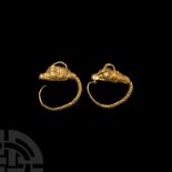 Large Greek Gold Antelope-Headed Earring