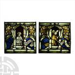 Medieval Austrian Stained Glass Panel Pair with The Annunication in Two Lancet Heads