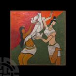 Indian M.F. Husain Painting with Dancers Holding Doves