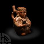 Pre-Columbian Moche Vessel of Dignitary Holding Puma