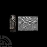 Neo-Assyrian Black Jasper Cylinder Seal with Cultic Banquet Scene
