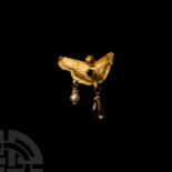 Greek Gold Bird Pendant with Garnet and Pearl Drop