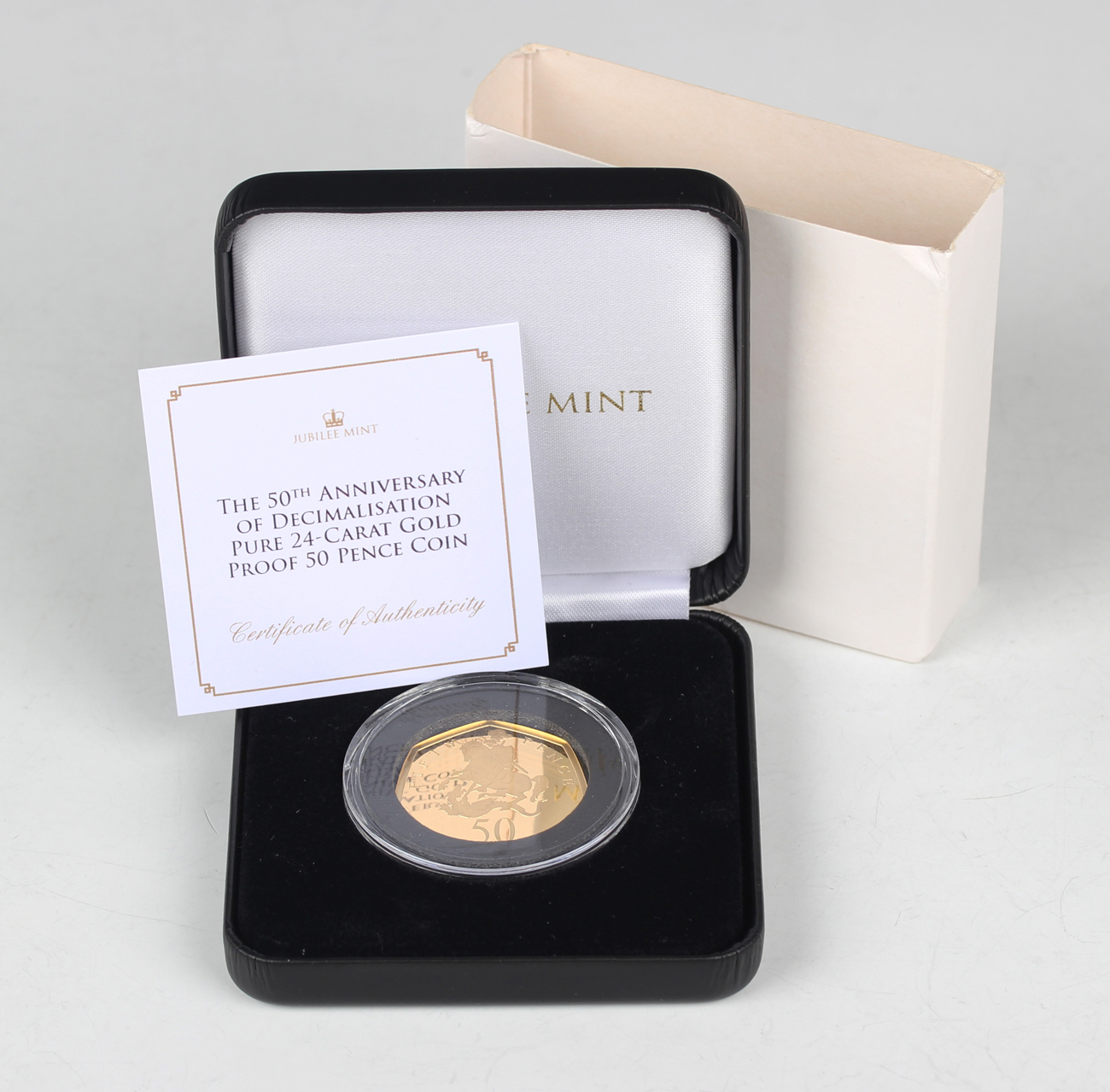 An Elizabeth II Jubilee Mint gold proof fifty pence coin 2021 commemorating the 50th anniversary