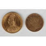 A Victoria Jubilee Head sovereign 1887 Sydney Mint and a Victoria Old Head half-sovereign 1896.