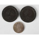 A British West Africa two shillings 1914H and two George III cartwheel twopences, both 1797.Buyer’