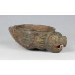 A pre-Columbian Mayan style carved green hardstone zoomorphic offering bowl, probably 400-800 AD,