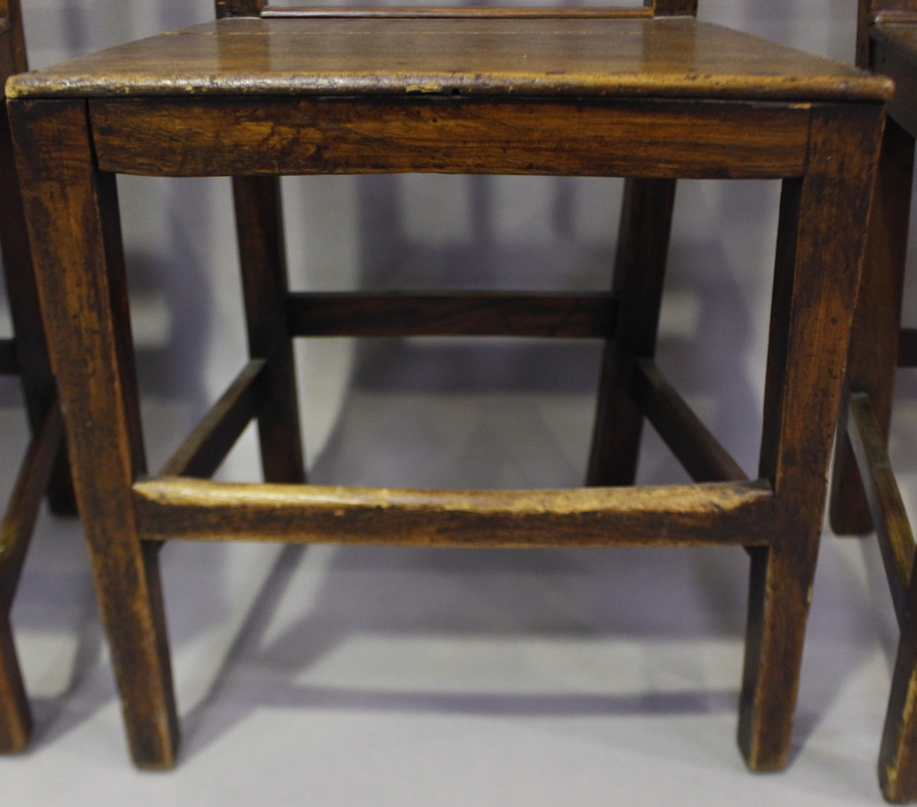 A set of four George III provincial elm rail back dining chairs, height 85cm, width 47cm, depth - Image 8 of 13