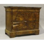 A 19th century French walnut three-drawer commode with a veined grey marble top, height 94cm,