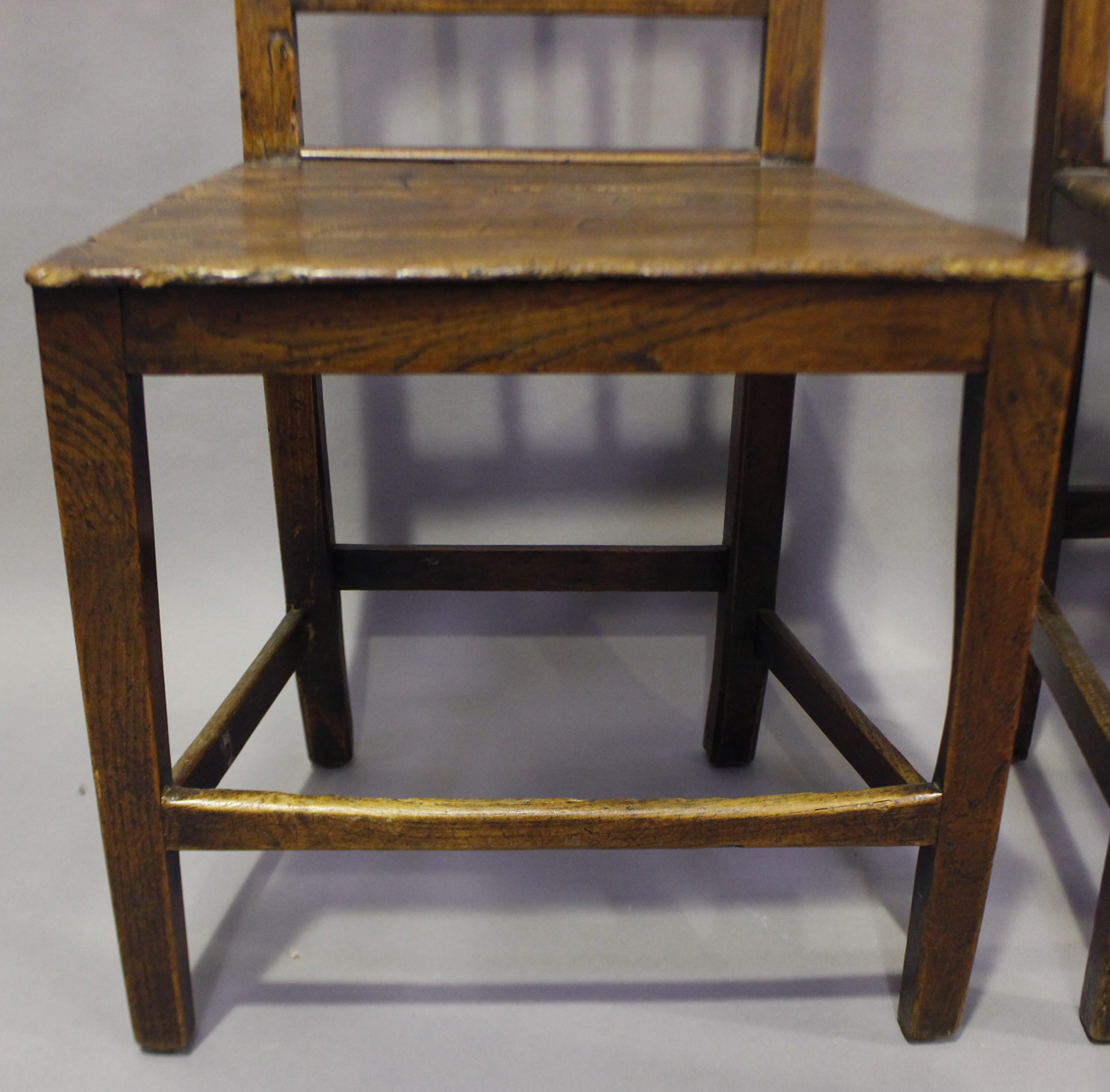 A set of four George III provincial elm rail back dining chairs, height 85cm, width 47cm, depth - Image 11 of 13