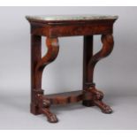 A early 19th century French figured mahogany narrow console table with grey marble top, fitted