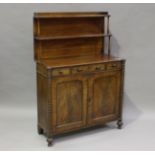 A William IV figured mahogany chiffonier with egg and dart mouldings, the shelf back above three