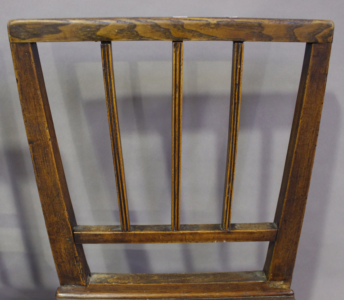 A set of four George III provincial elm rail back dining chairs, height 85cm, width 47cm, depth - Image 7 of 13