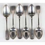 A set of six Victorian silver Fiddle pattern dessert spoons, London 1838 by William Eaton, weight