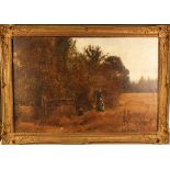 John William Buxton Knight - Fruit or Hop Pickers in a Landscape, 19th century oil on canvas, signed